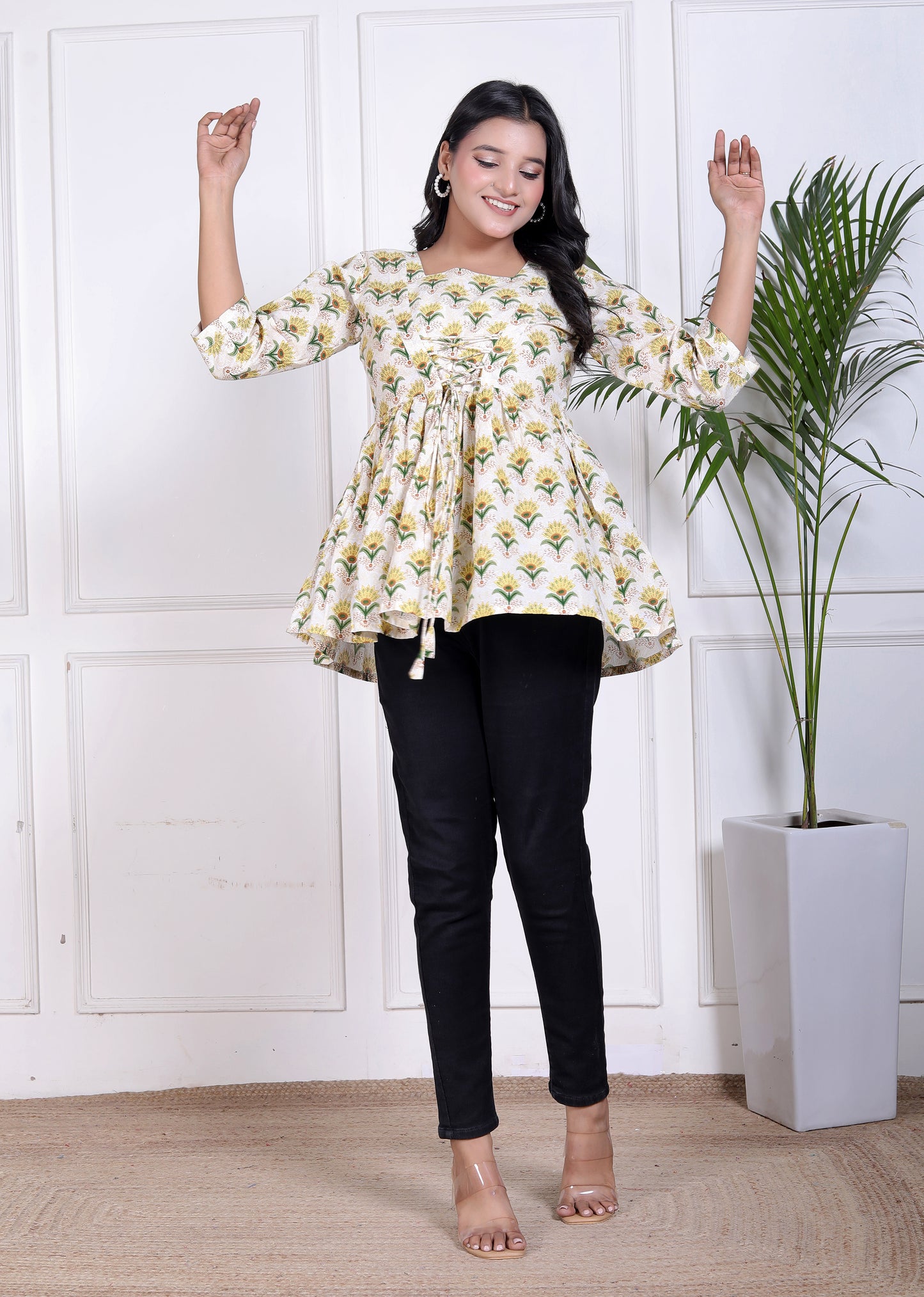 Bright Mustard Floral Peplum Top