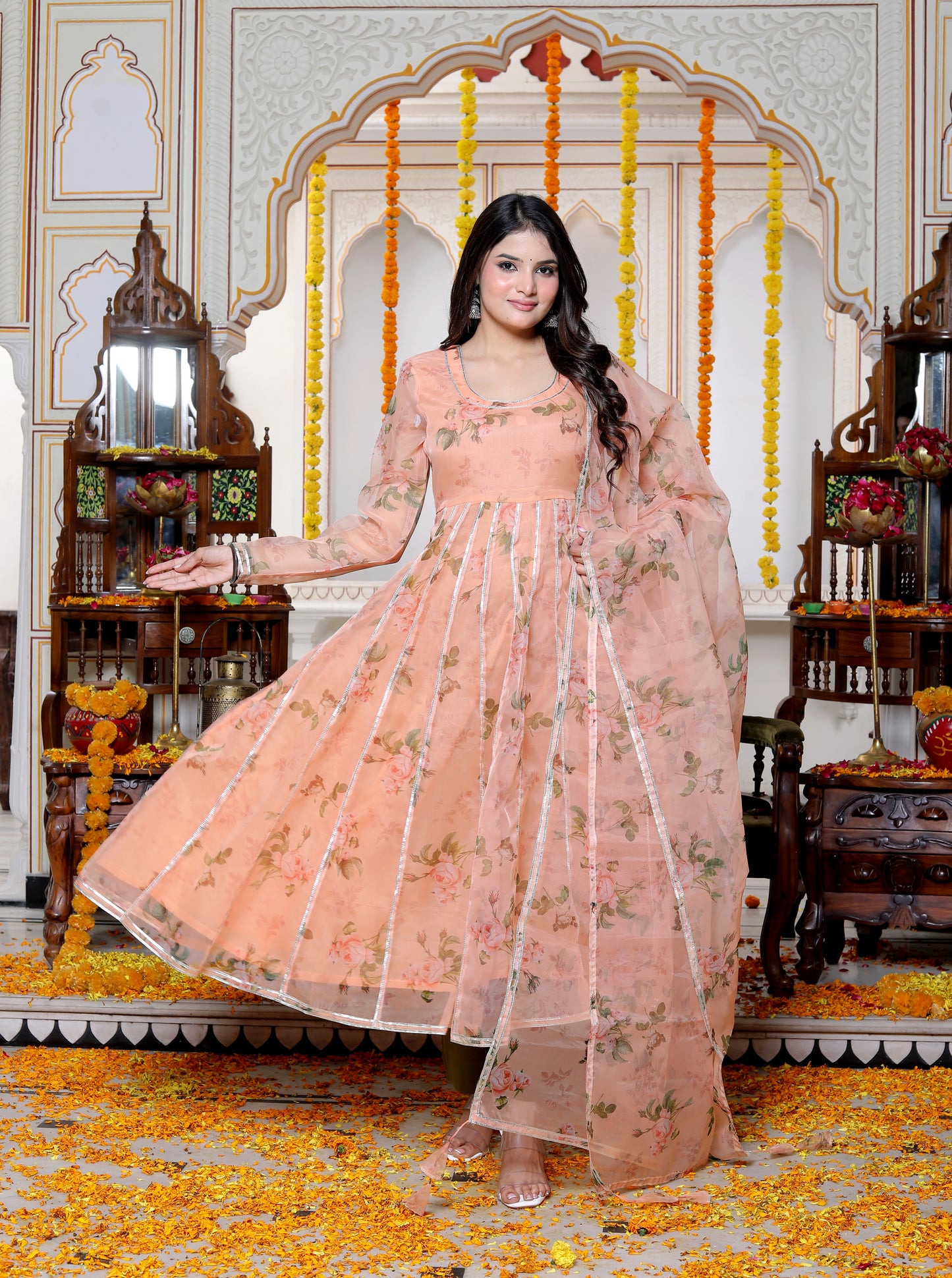 MANJARI PEACH ORGANZA PHOOL JAAL ANARKALI SET WITH ORGANZA DUPATTA