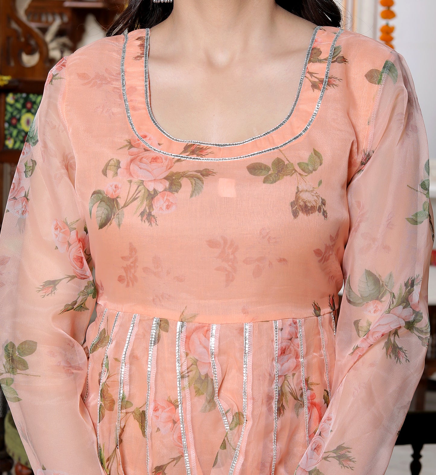 MANJARI PEACH ORGANZA PHOOL JAAL ANARKALI SET WITH ORGANZA DUPATTA