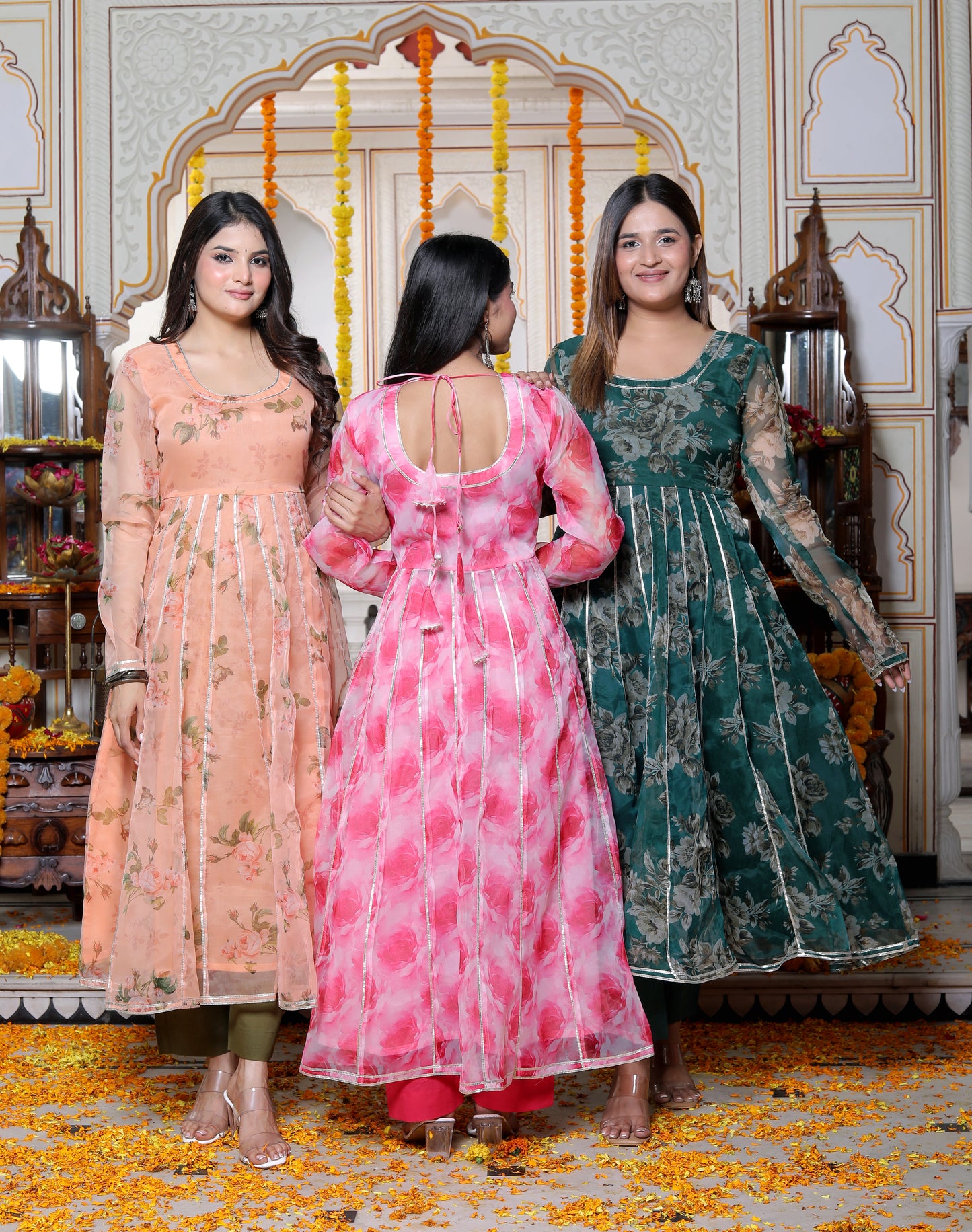 CARNATION PINK WHITE ORAGANZA ANARKALI SET WITH ORGANZA DUPATTA