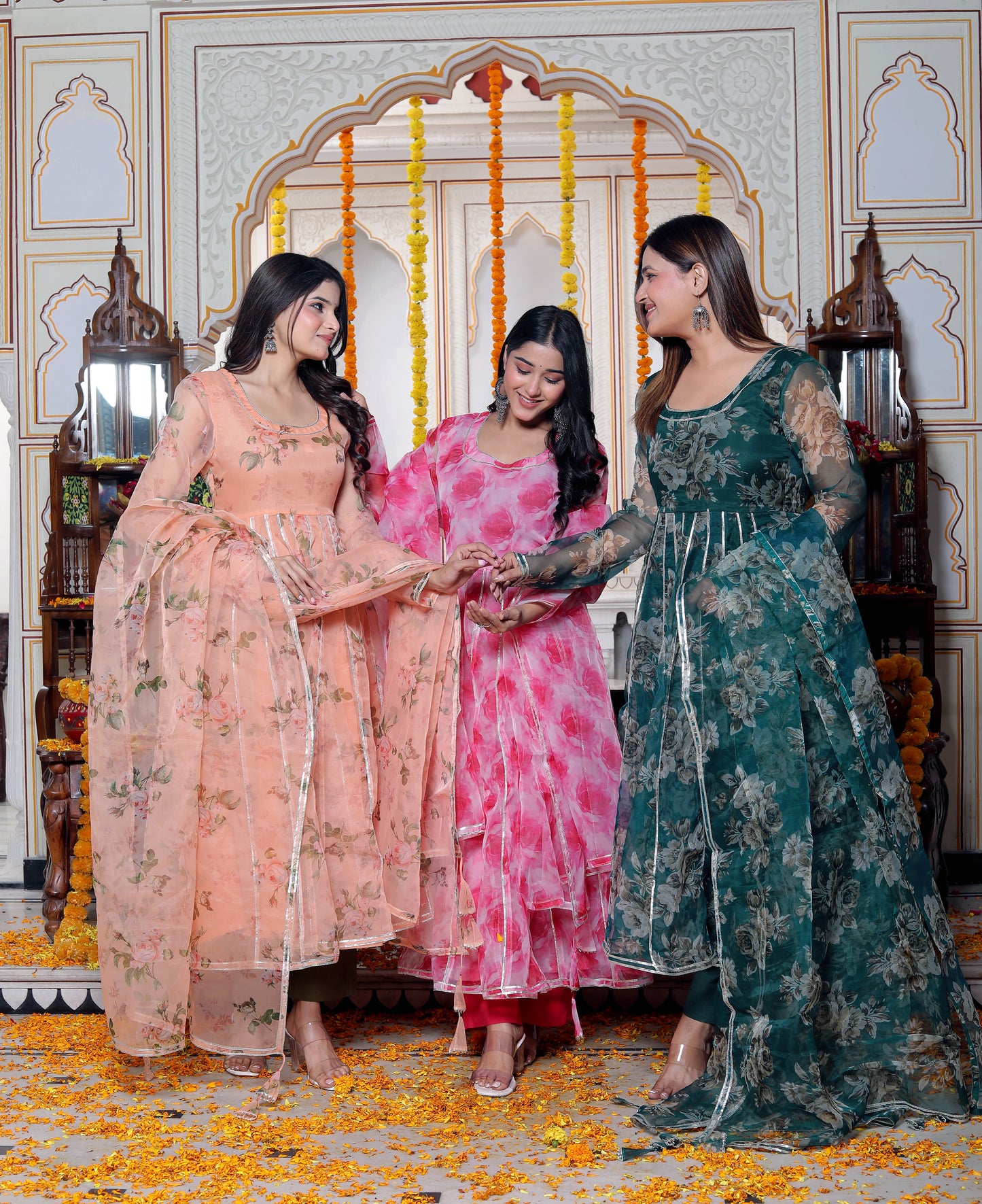 CARNATION PINK WHITE ORAGANZA ANARKALI SET WITH ORGANZA DUPATTA