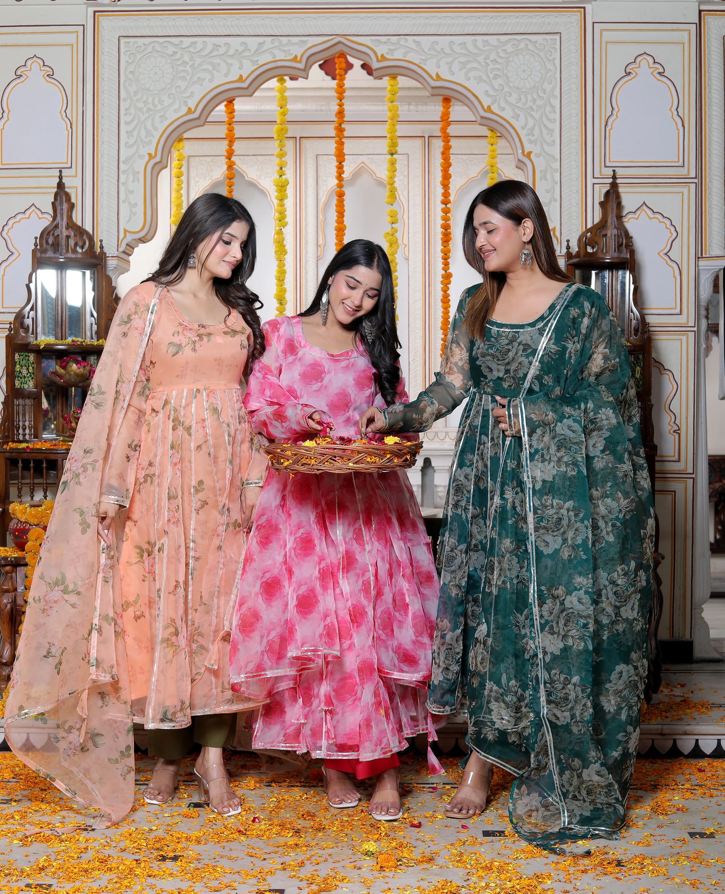 MANJARI PEACH ORGANZA PHOOL JAAL ANARKALI SET WITH ORGANZA DUPATTA