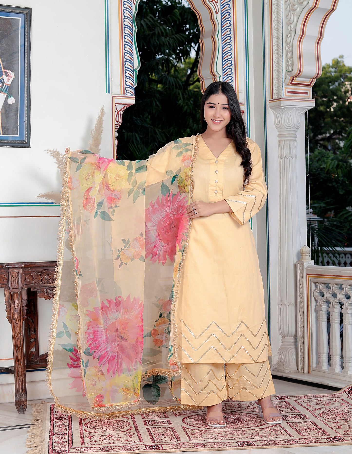 SUNFLOWER JAM COTTON GOLDEN YELLOW WITH ORGANZA DUPTTA