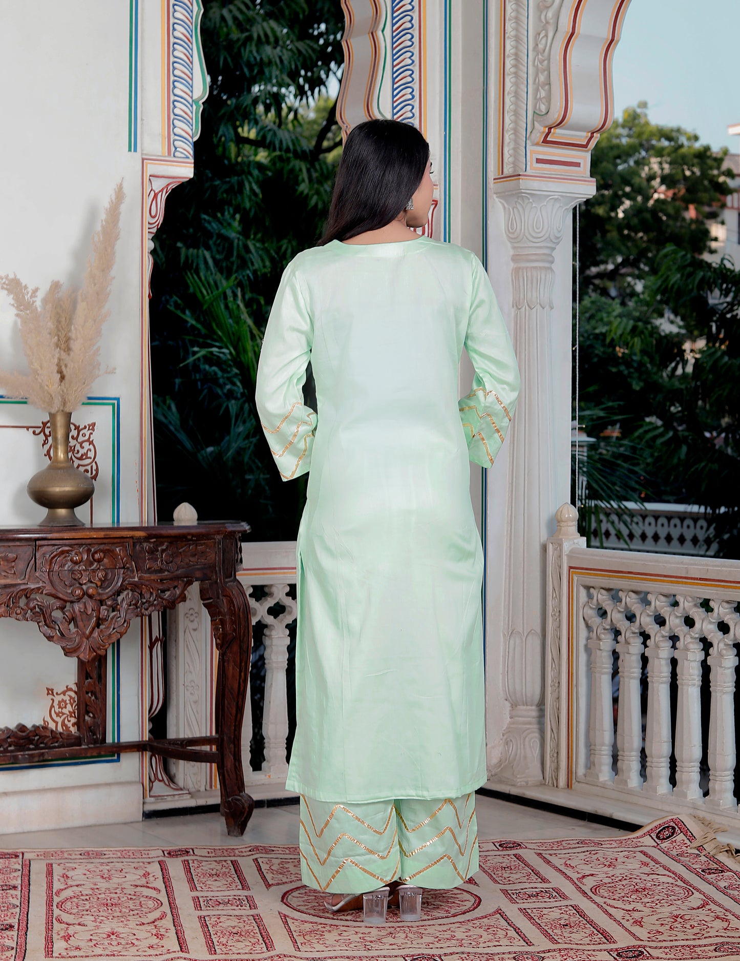 SUNFLOWER JAM COTTON PISTA GREEN WITH ORGANZA DUPTTA