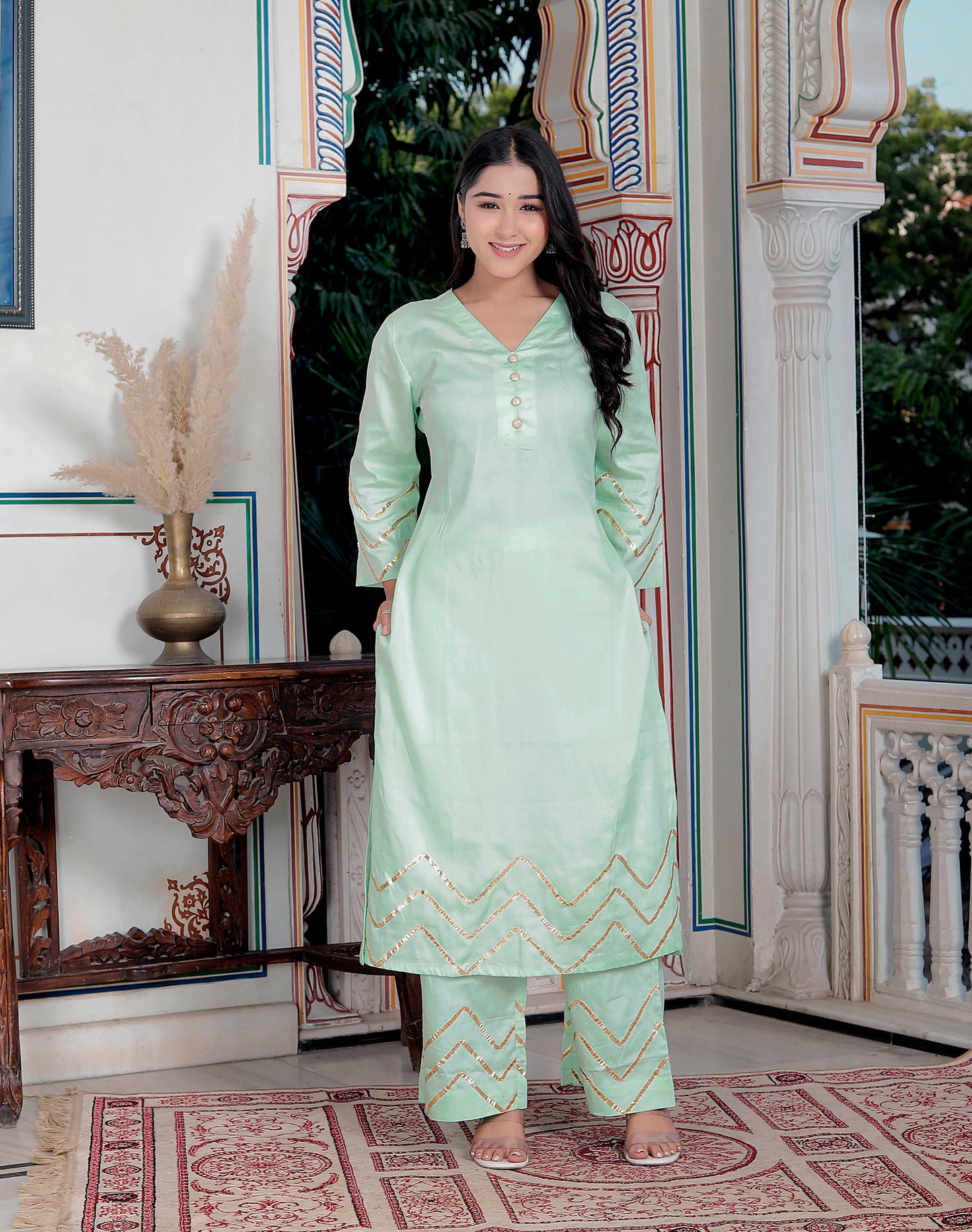 SUNFLOWER JAM COTTON PISTA GREEN WITH ORGANZA DUPTTA