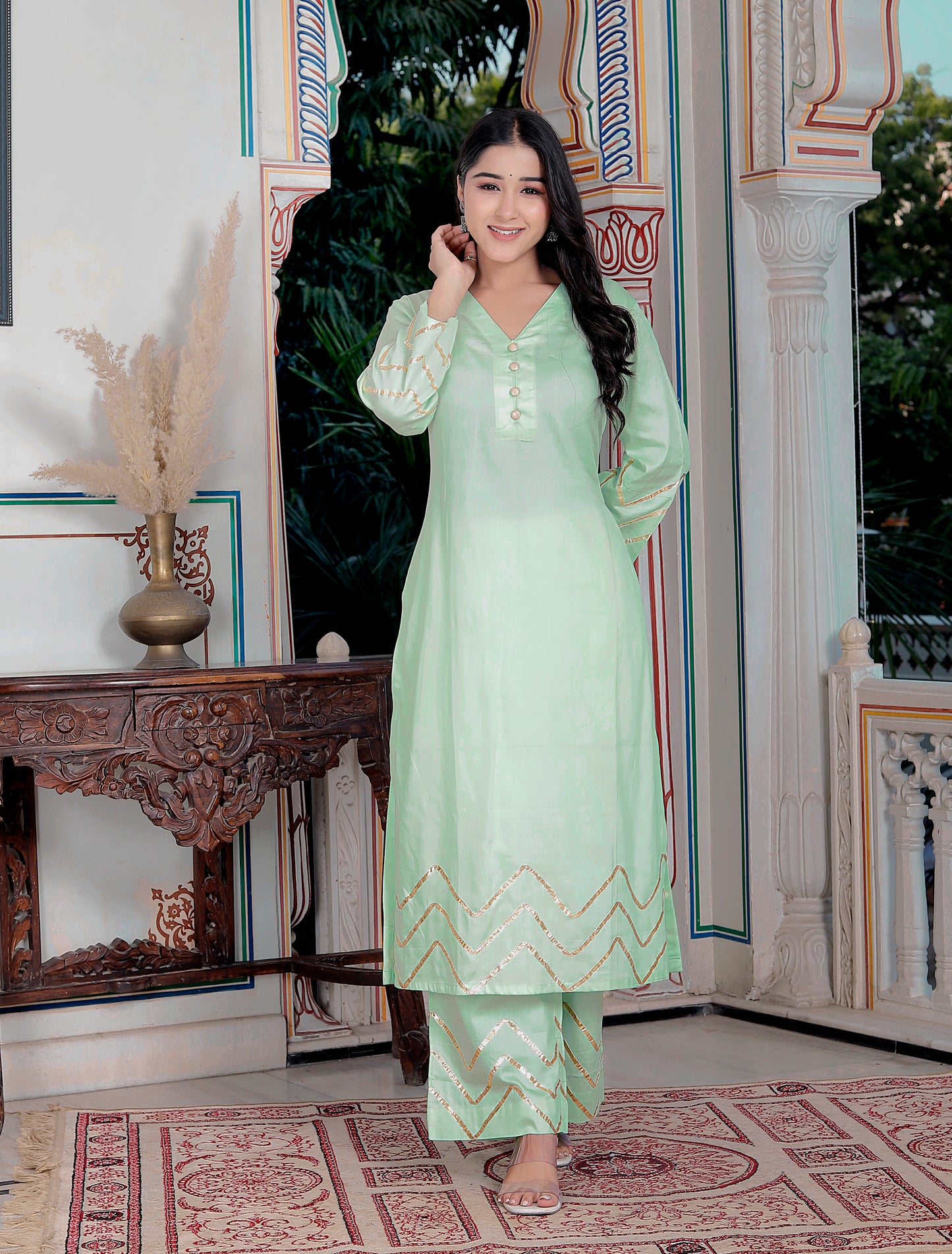 SUNFLOWER JAM COTTON PISTA GREEN WITH ORGANZA DUPTTA