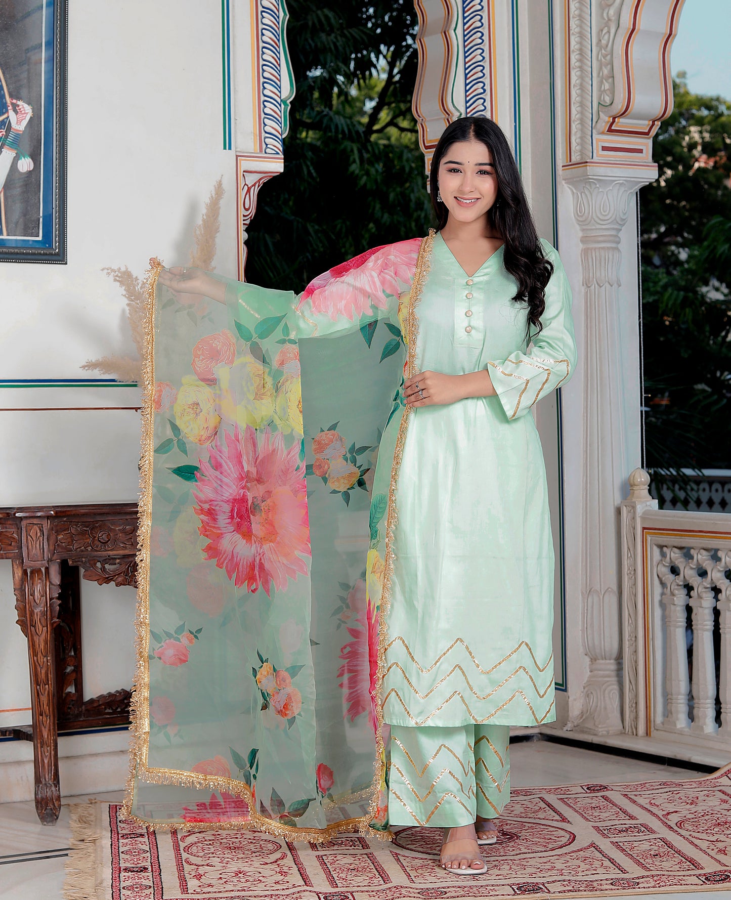 SUNFLOWER JAM COTTON PISTA GREEN WITH ORGANZA DUPTTA