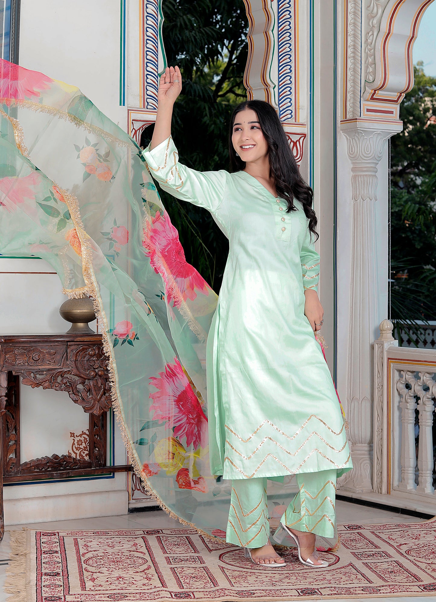 SUNFLOWER JAM COTTON PISTA GREEN WITH ORGANZA DUPTTA