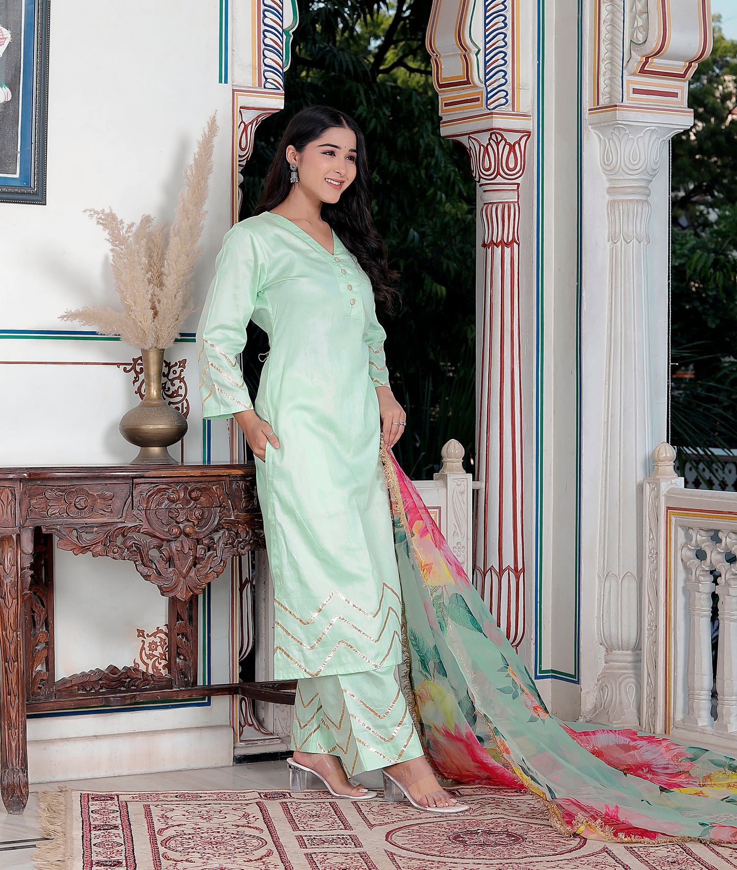 SUNFLOWER JAM COTTON PISTA GREEN WITH ORGANZA DUPTTA