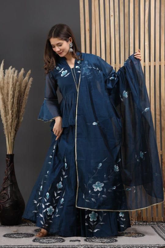 Blue Chanderi Lehenga Choli Design