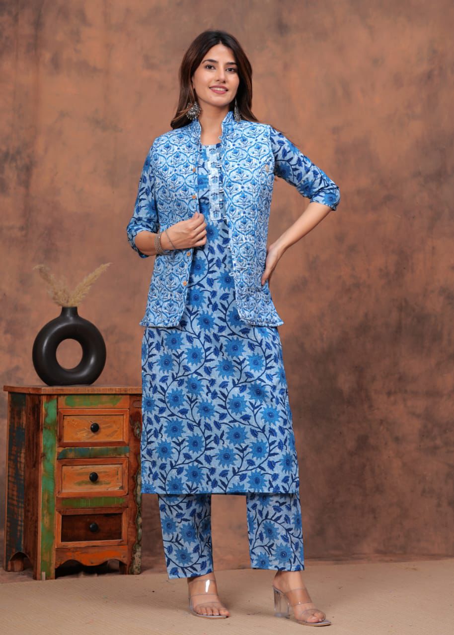 Blue Kurti set With Both Side Jacket