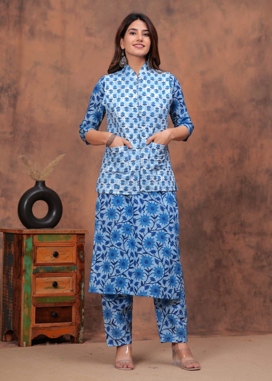 Blue Kurti set With Both Side Jacket
