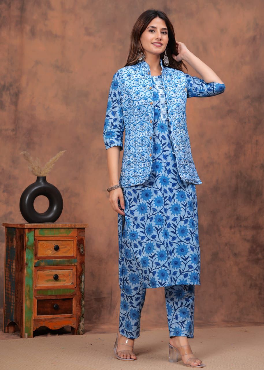 Blue Kurti set With Both Side Jacket