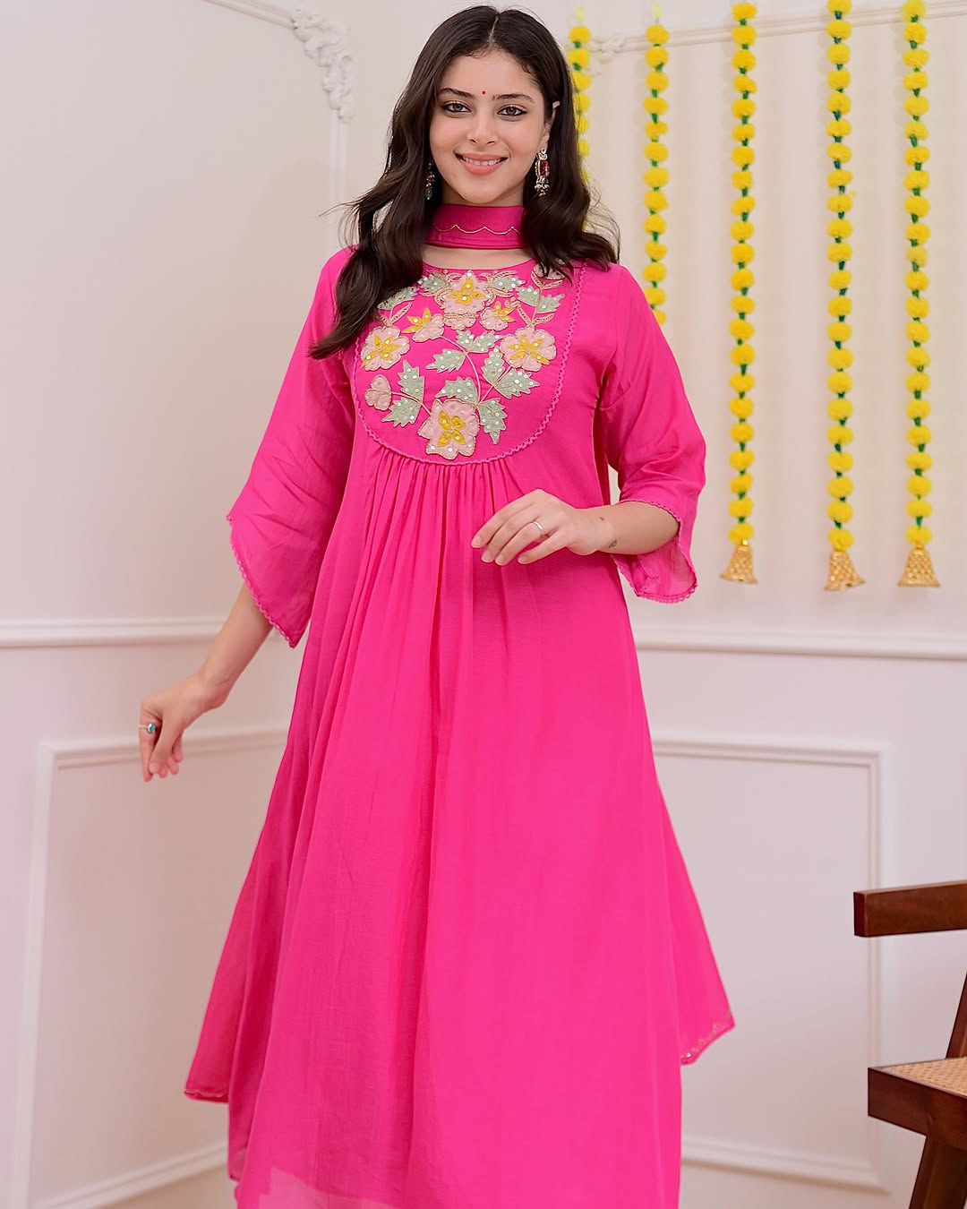 Pink Embroidery Solid Kurti set