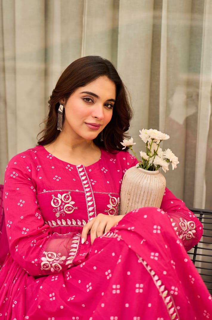 Pink Anarkali Chanderi Kurti Set