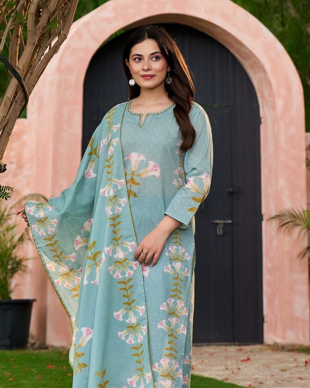 Kapas sky blue printed kurta set