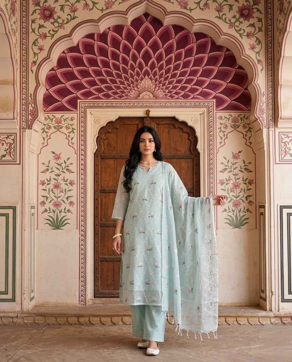 Women Elegant Floral Thread Embroidered Kurta Set with Dupatta