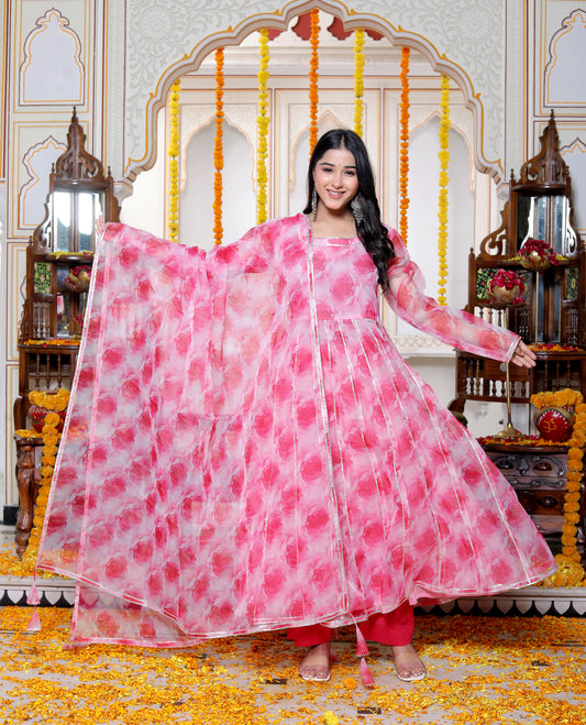 CARNATION PINK WHITE ORAGANZA ANARKALI SET WITH ORGANZA DUPATTA