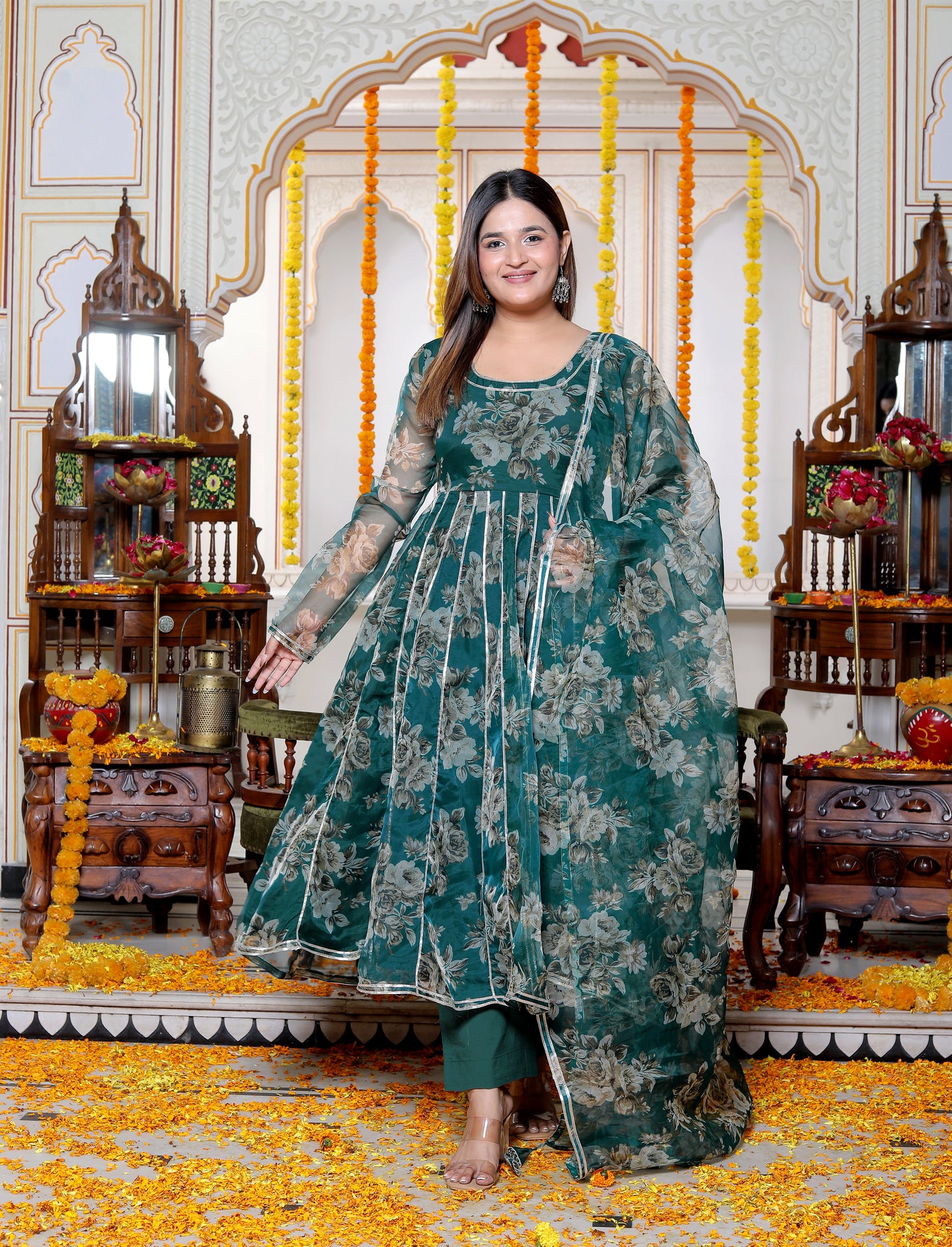 MINAKARI GREEN ORGANZA ANARKALI SUIT SET