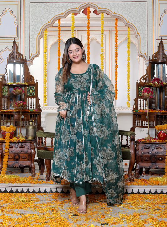 MINAKARI GREEN ORGANZA ANARKALI SUIT SET