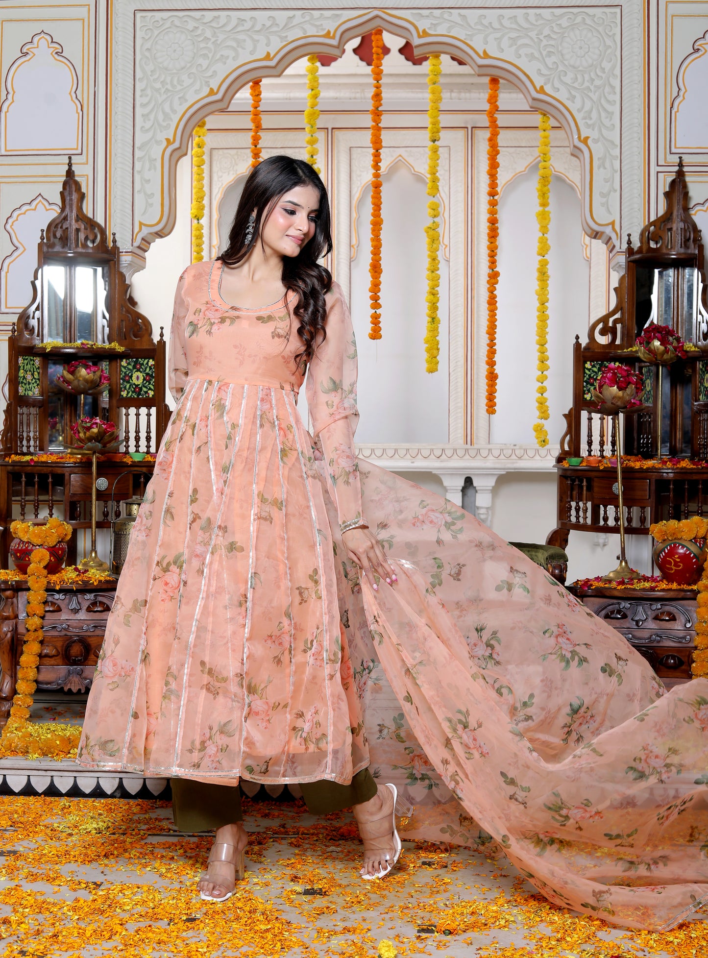 MANJARI PEACH ORGANZA PHOOL JAAL ANARKALI SET WITH ORGANZA DUPATTA