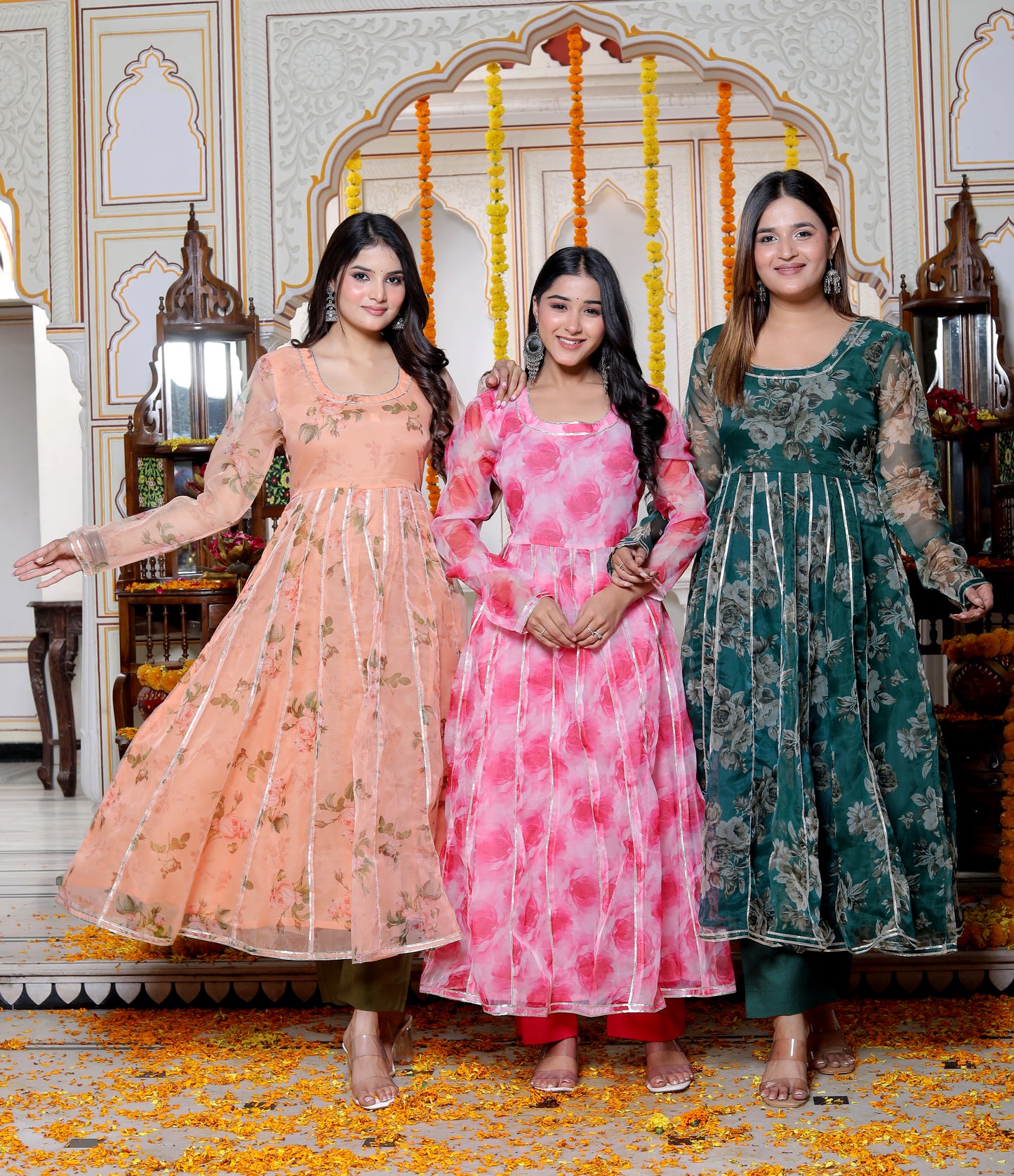 CARNATION PINK WHITE ORAGANZA ANARKALI SET WITH ORGANZA DUPATTA