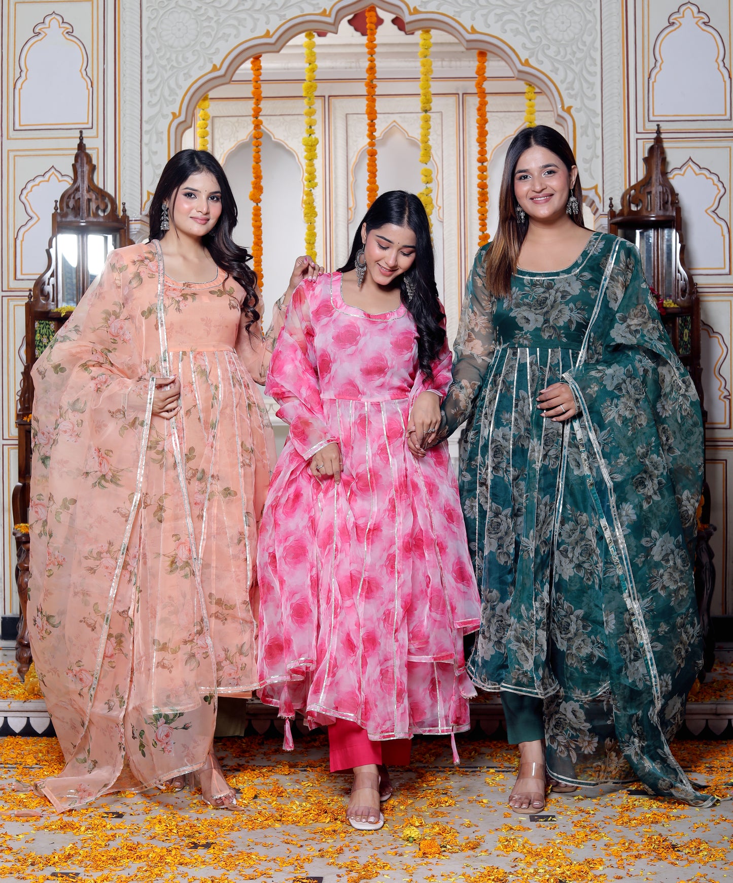 CARNATION PINK WHITE ORAGANZA ANARKALI SET WITH ORGANZA DUPATTA