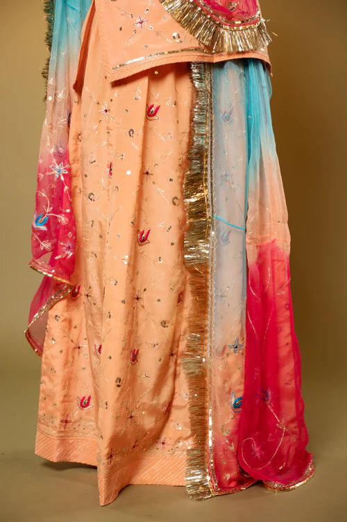 Signature Rani & peach Rajputi Poshak  ( unstiched )