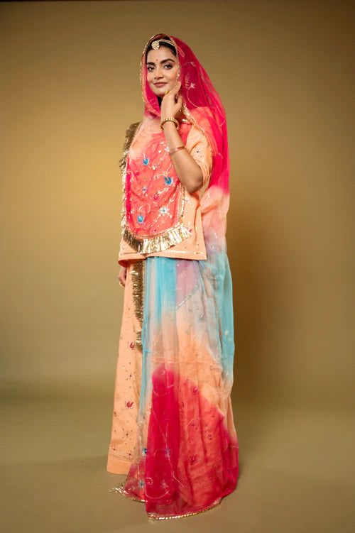 Signature Rani & peach Rajputi Poshak  ( unstiched )