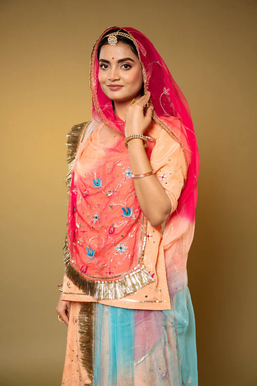 Signature Rani & peach Rajputi Poshak  ( unstiched )