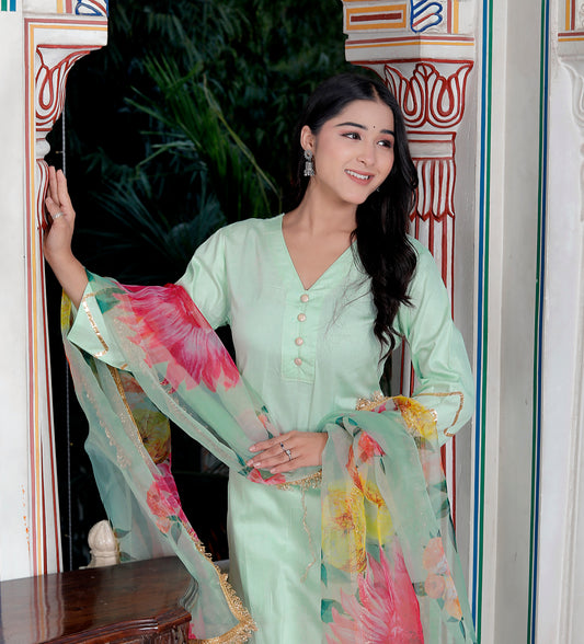 SUNFLOWER JAM COTTON PISTA GREEN WITH ORGANZA DUPTTA