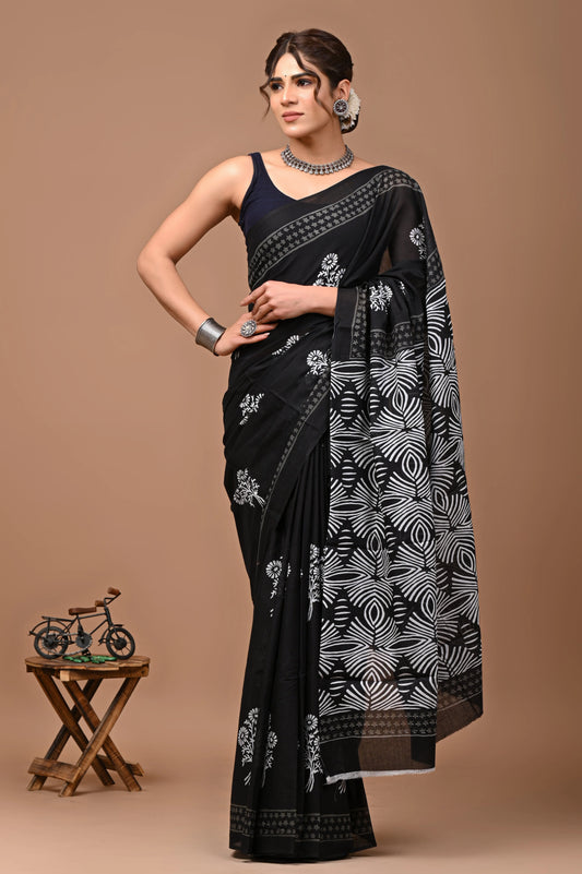 Printed Pure Cotton Mulmul Saree With Blouse