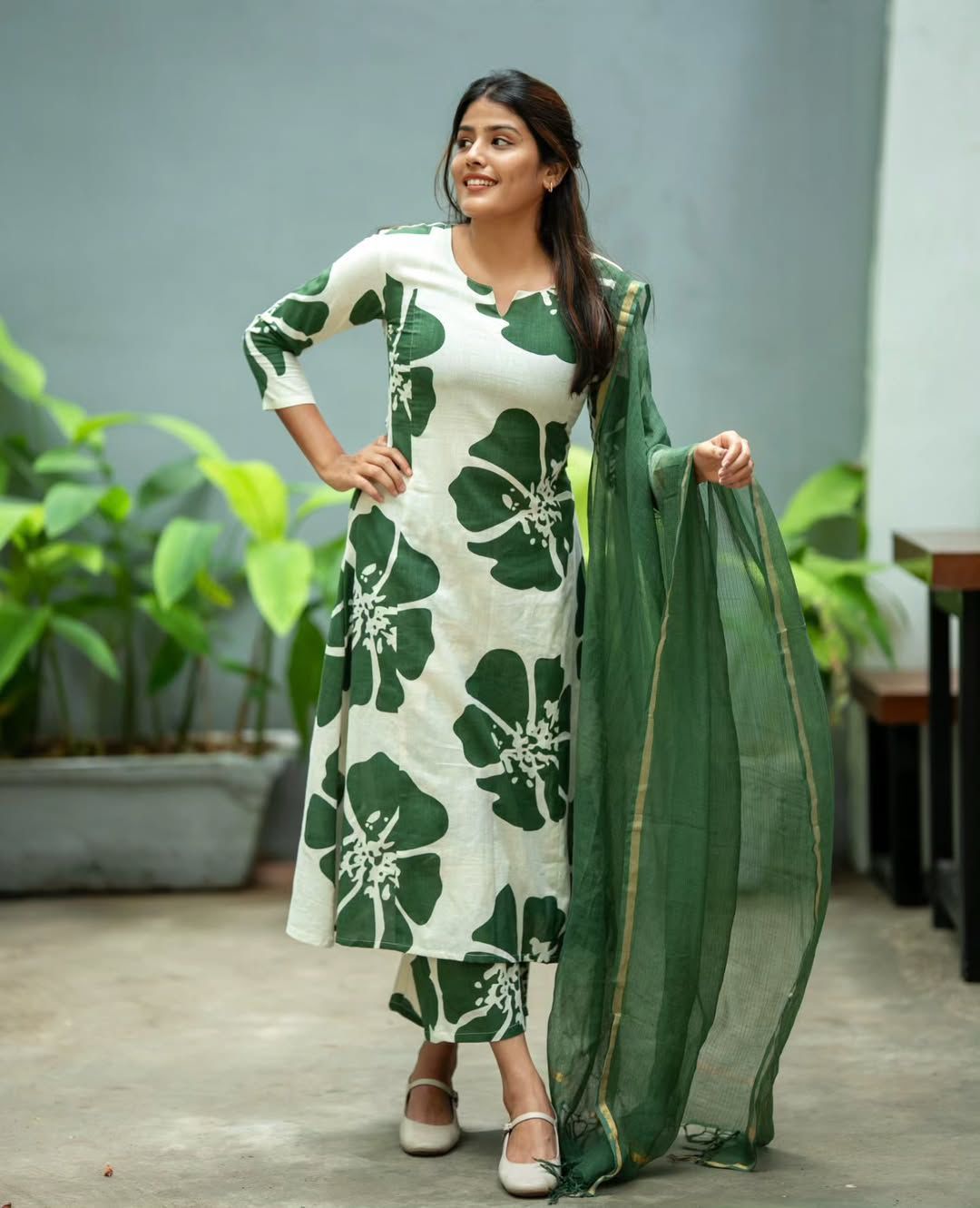 Green Primium Cotton / Doriya Duptta Anarkali Suit Set