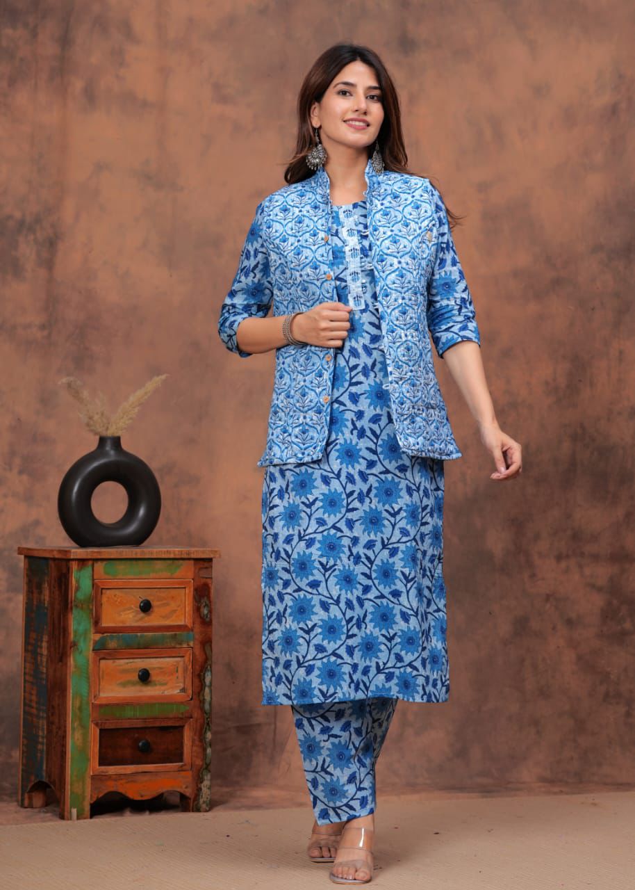 Blue Kurti set With Both Side Jacket