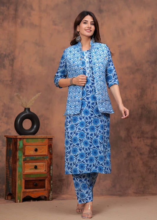 Blue Kurti set With Both Side Jacket