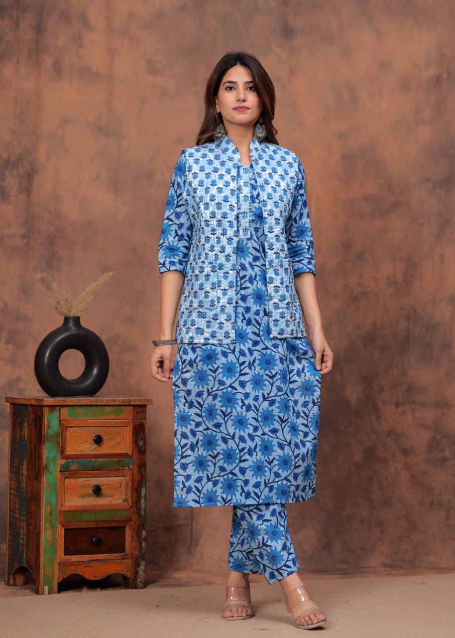 Blue Kurti set With Both Side Jacket
