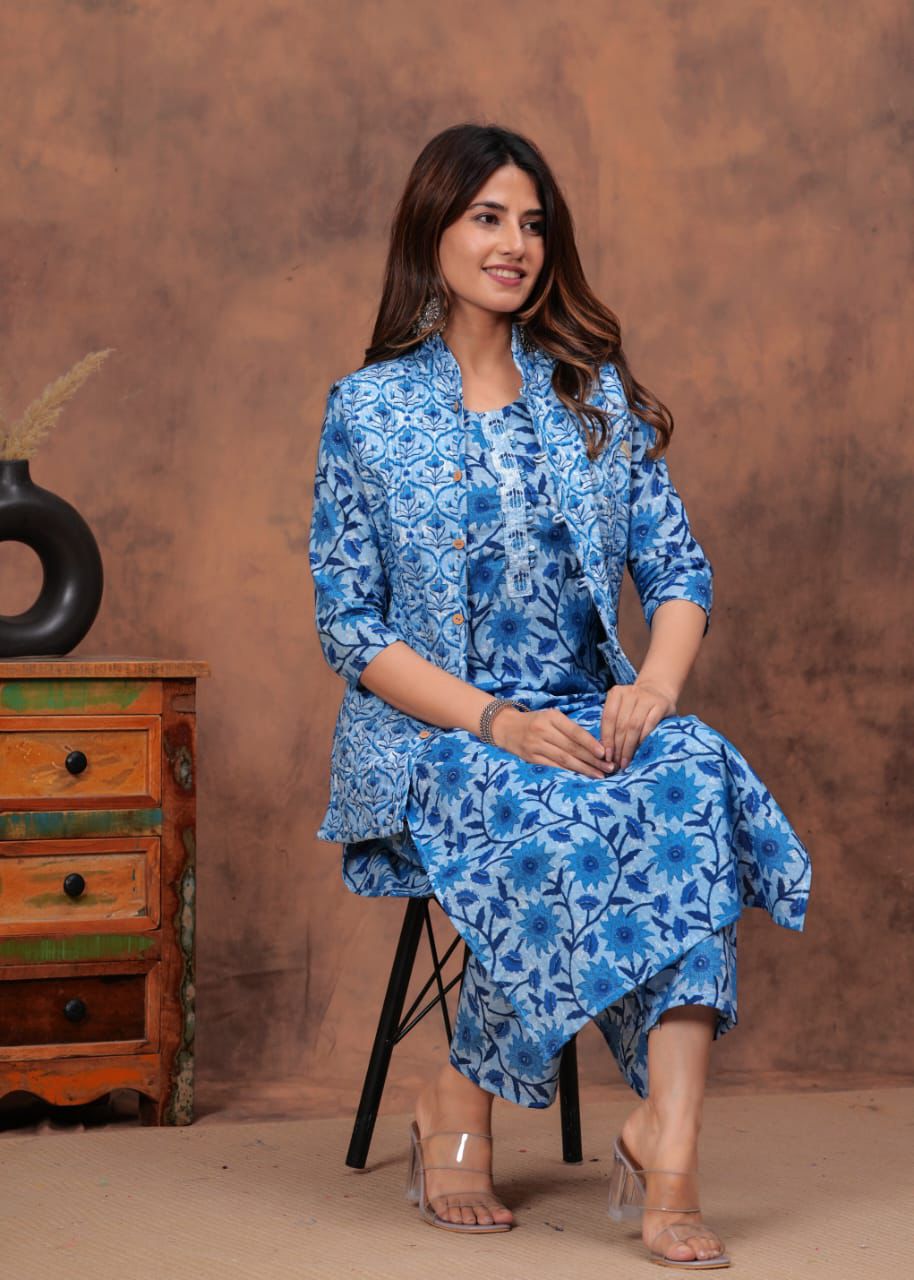 Blue Kurti set With Both Side Jacket