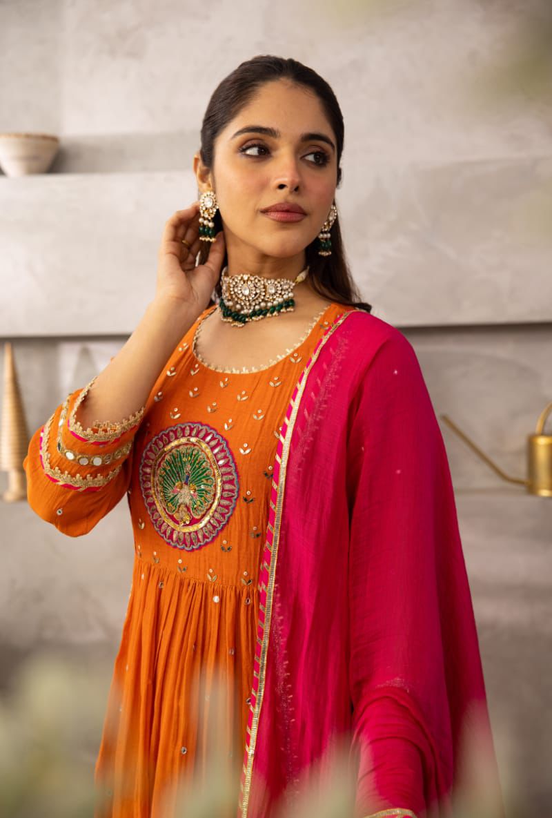 Orange Anarkali Suit Set