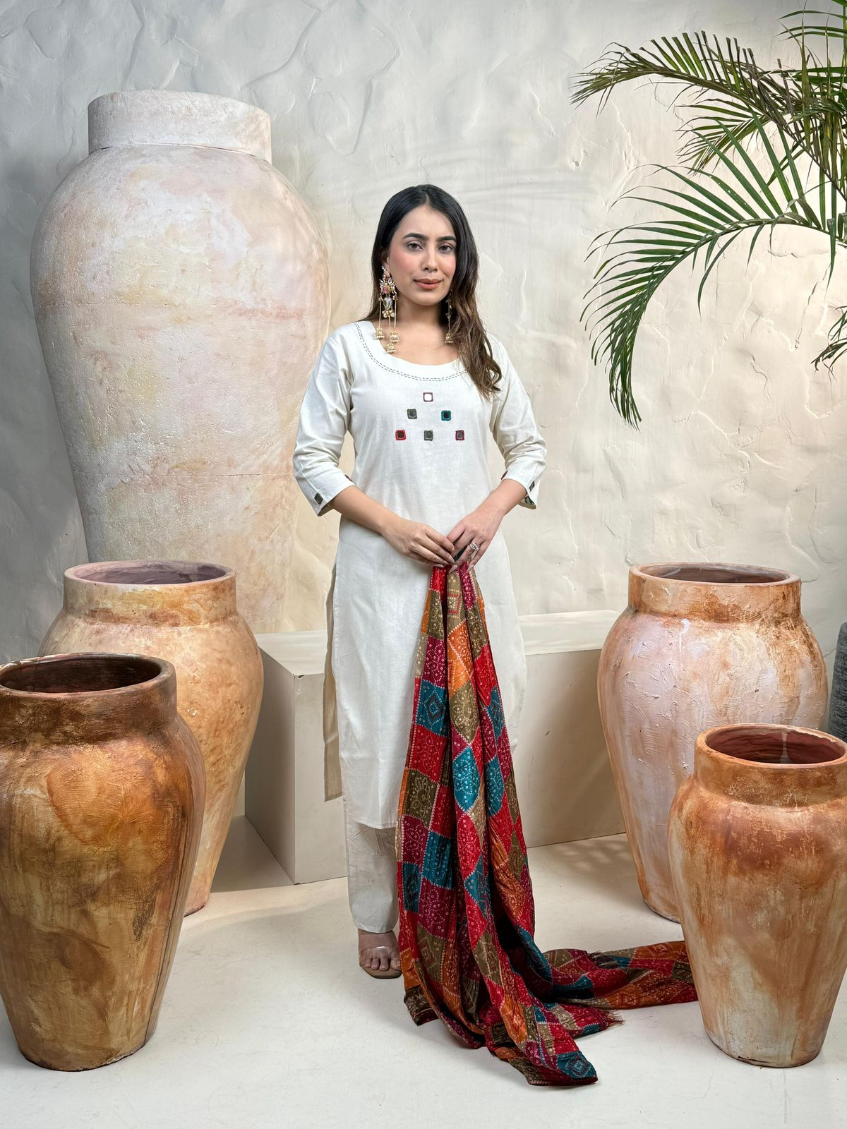 White flex cotton khadi suit set