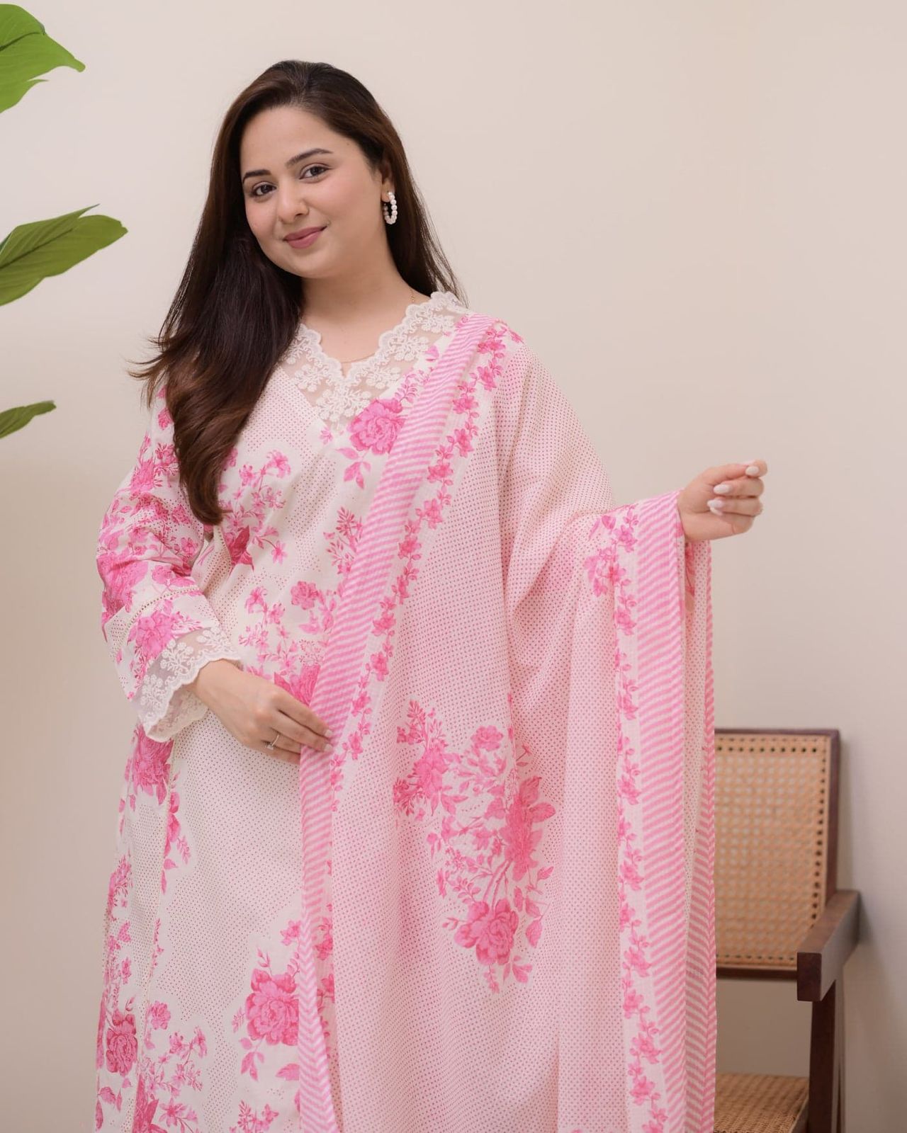 Pink  Printed Straight long Kurti Set