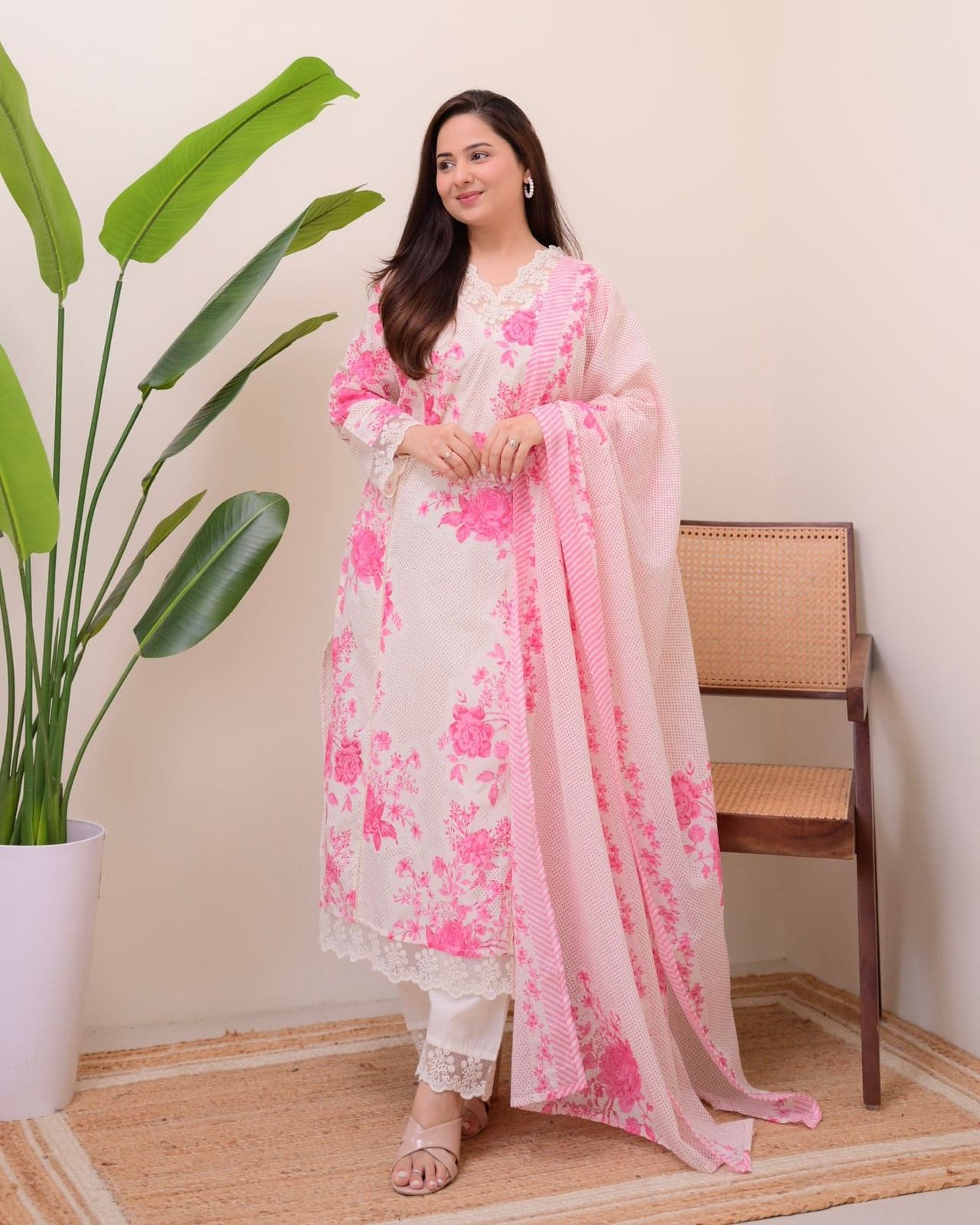 Pink  Printed Straight long Kurti Set