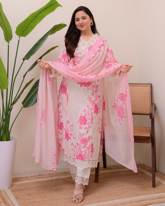 Pink  Printed Straight long Kurti Set