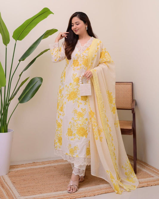 Yellow  Printed Straight long kurti Set