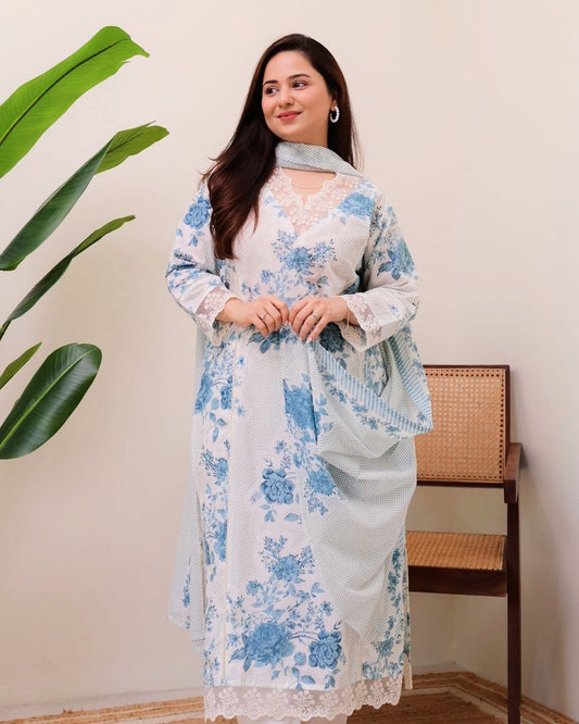 White  Printed Straight long Kurti