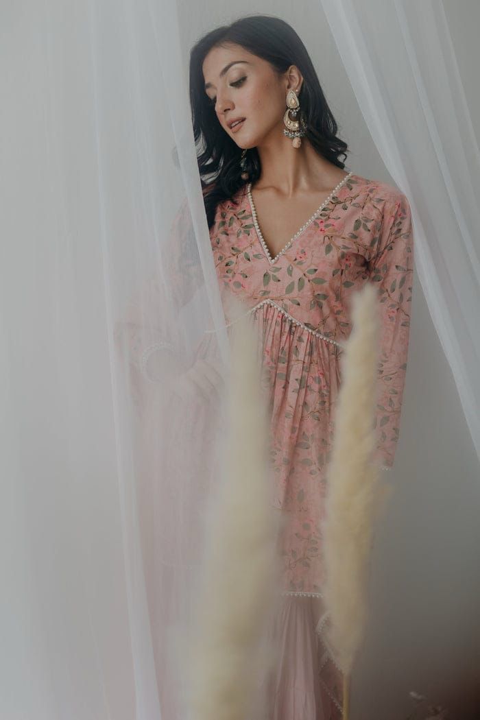 Pink Printed Cotton Kurti, Sharara & Dupatta Set