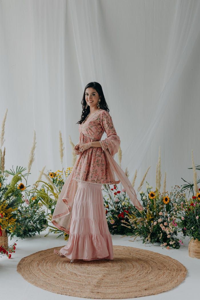 Pink Printed Cotton Kurti, Sharara & Dupatta Set