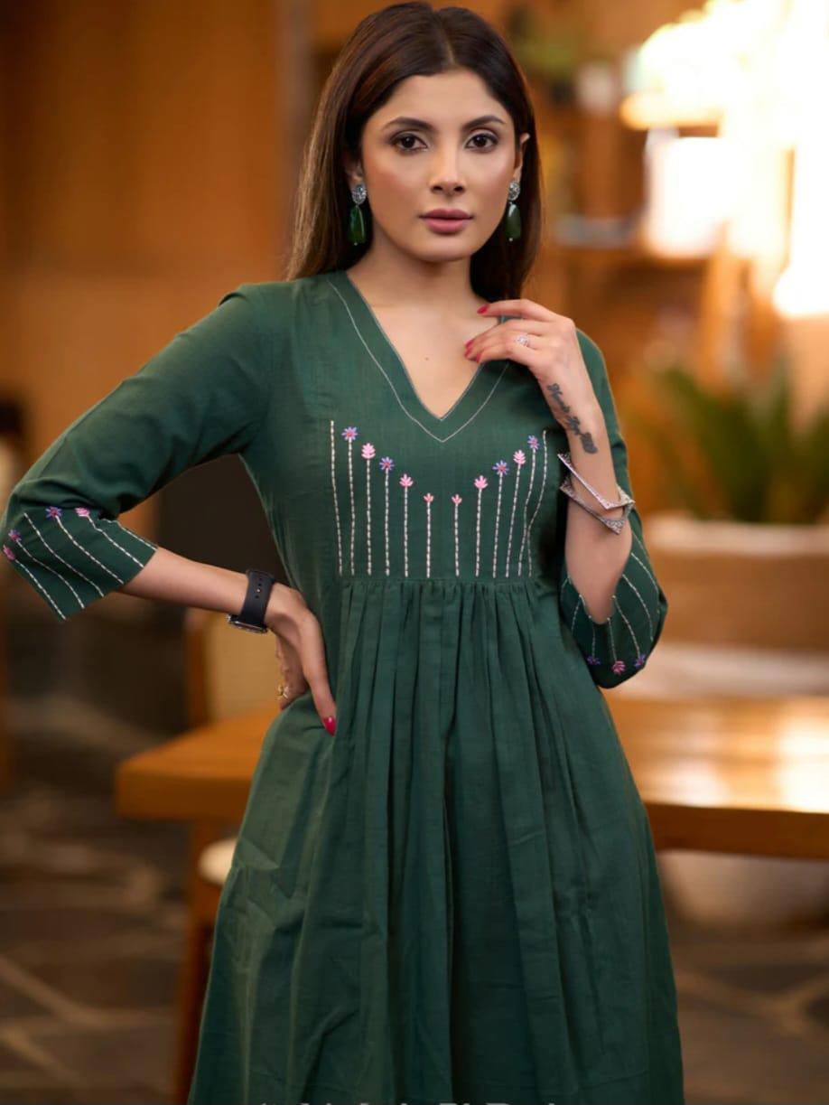 FOREST GREEN COTTON SLUB PLEATED KURTA