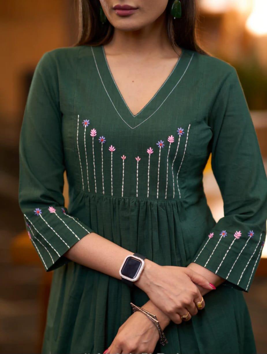 FOREST GREEN COTTON SLUB PLEATED KURTA