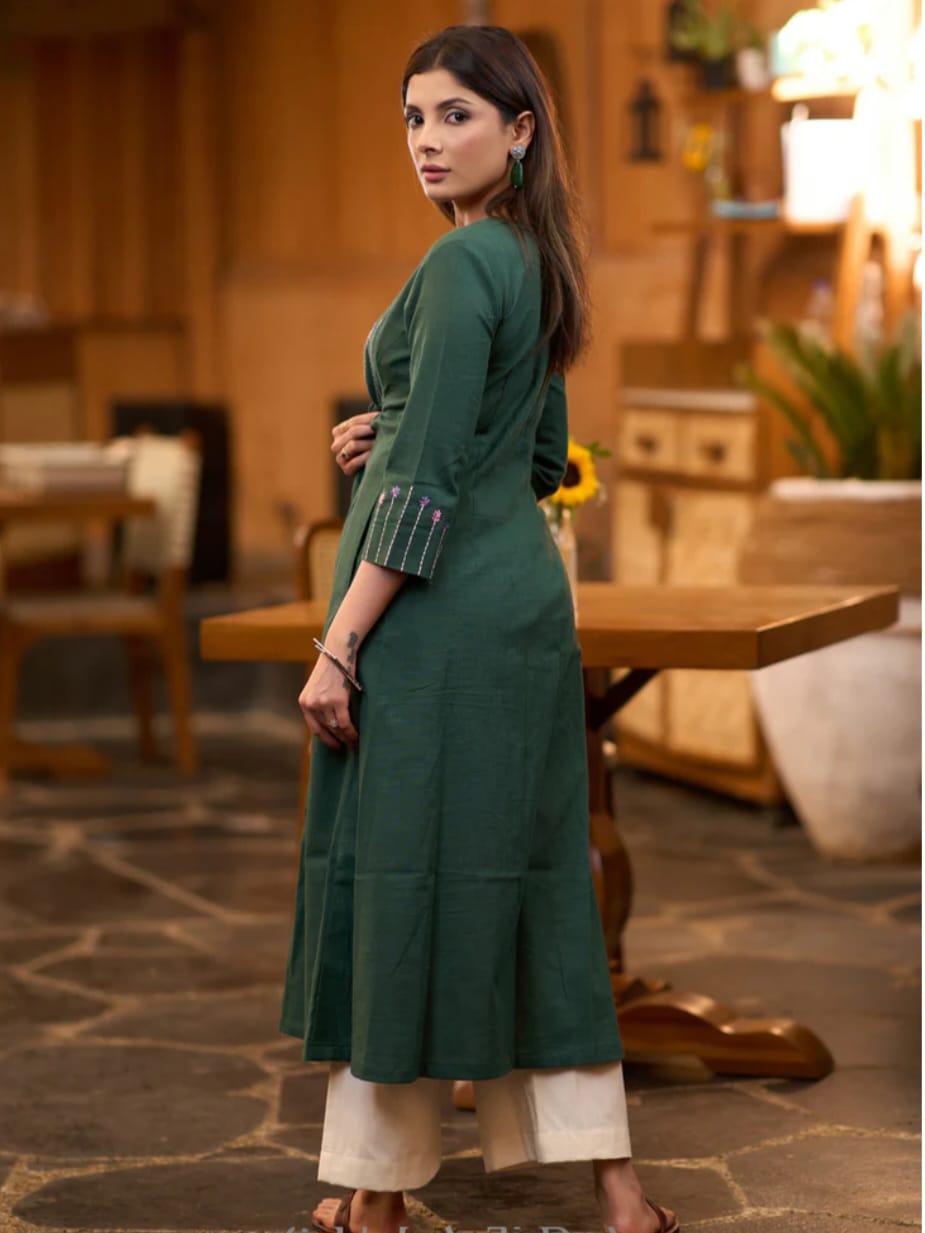 FOREST GREEN COTTON SLUB PLEATED KURTA