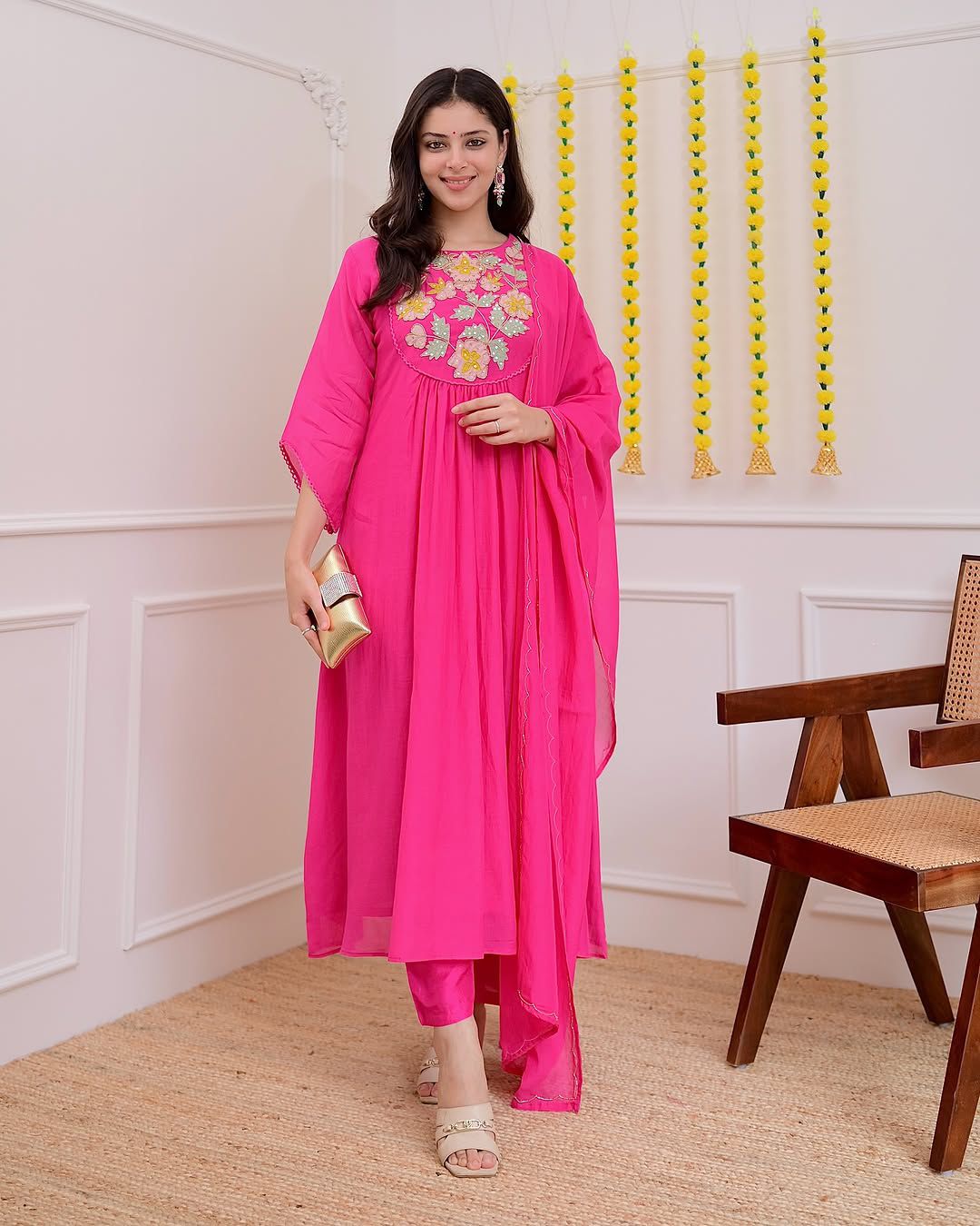 Pink  Embroidery Solid Kurti set